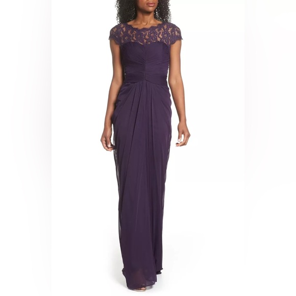 Adrianna Papell Dresses & Skirts - NEW Adrianna Papell  Short-Sleeve Illusion Lace Pleat Gown Sz 6 Plum